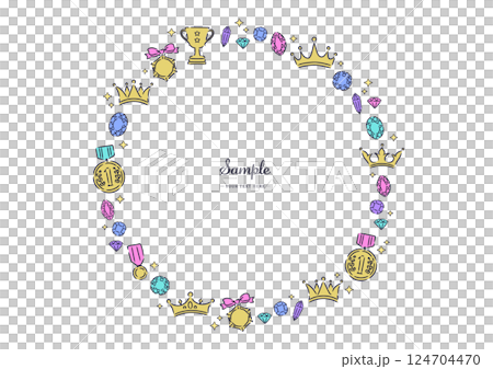Cute round frames decorated with stylish crowns, medals, trophies and jewels 124704470