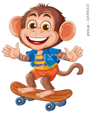 Cheerful Monkey Skateboarding in Colorful Outfit Cheerful Monkey Skateboarding in Colorful Outfit 124705315