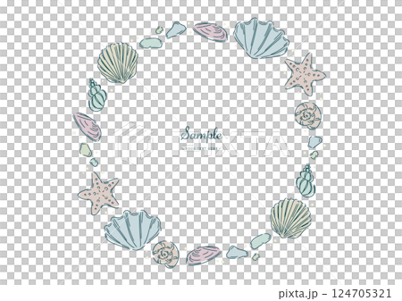 A round frame of stylish shells (conch, bivalve, scallop, and cherry shell) and starfish picked up on the beach. 124705321
