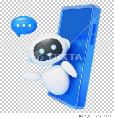 3D graphics of an AI robot character popping out of a mobile phone 124705471