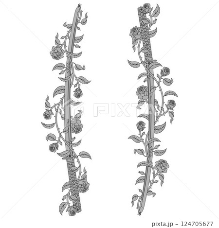 Ancient Japanese katana surrounded with roses 124705677
