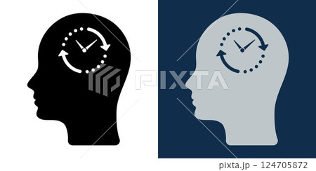 Human head with clock and arrows. Time management, productivity, brain efficiency, thinking process, planning, workflow, deadline concept icon. Human head with clock and arrows. Time management, productivity, brain efficiency, thinking process, planning, workflow, deadline concept icon. 124705872