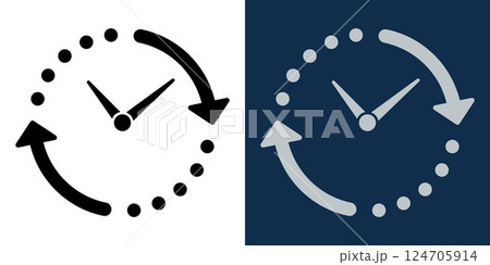 Clock icon with arrows, time cycle, schedule, history, past and future, black and white, dark mode, business and productivity symbol, timer and management concept. 124705914