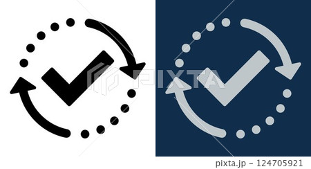 Checkmark reload icon. Refresh approval symbol with circular arrows. Black and white confirmation sign for synchronization, update, or validation. Minimal vector design for UI, apps, web 124705921
