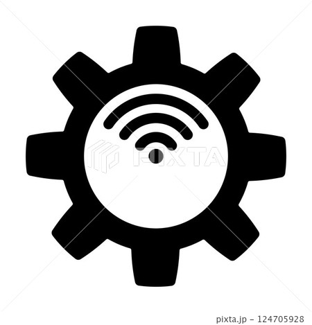 Black gear with Wi-Fi signal icon, technology and automation symbol, smart industry, wireless engineering, digital network connection, industrial IoT, mechanical system, and smart manufacturing. 124705928