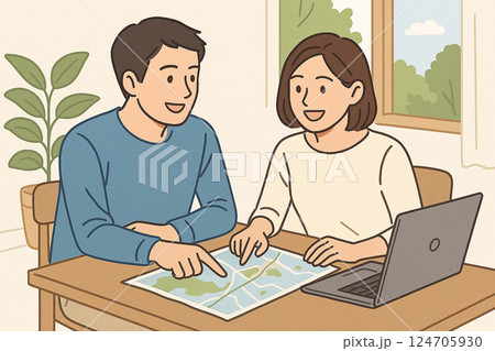 自宅で旅行の行き先を話し合う夫婦のイラスト 自宅で旅行の行き先を話し合う夫婦のイラスト 124705930