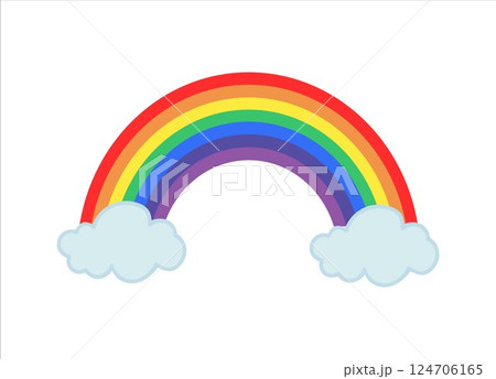 A vibrant rainbow arching across the sky with fluffy white clouds 124706165