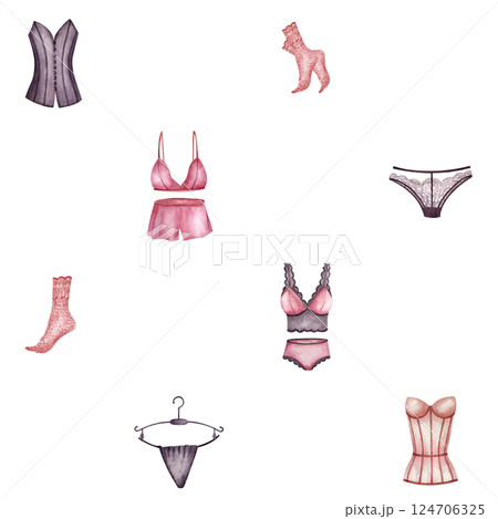 Seamless pattern lingerie women underwear. Corset, socks, pajamas. Watercolor illustration isolated on white background. For wrapping paper, packaging in underwear stores, web design, print product Seamless pattern lingerie women underwear. Corset, socks, pajamas. Watercolor illustration isolated on white background. For wrapping paper, packaging in underwear stores, web design, print product 124706325