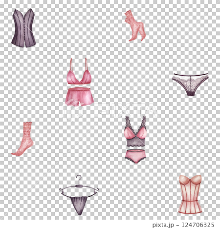 Seamless pattern lingerie women underwear. Corset, socks, pajamas. Watercolor illustration isolated on white background. For wrapping paper, packaging in underwear stores, web design, print product Seamless pattern lingerie women underwear. Corset, socks, pajamas. Watercolor illustration isolated on white background. For wrapping paper, packaging in underwear stores, web design, print product 124706325