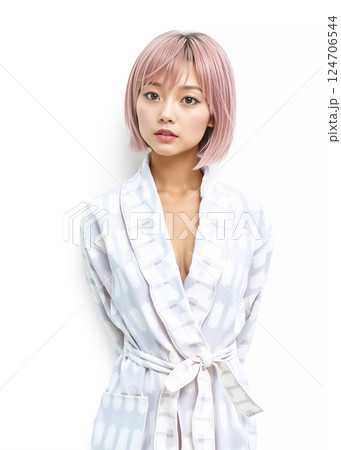 ピンク色の髪の毛の若い女性のイメージ素材　バスローブ 124706544