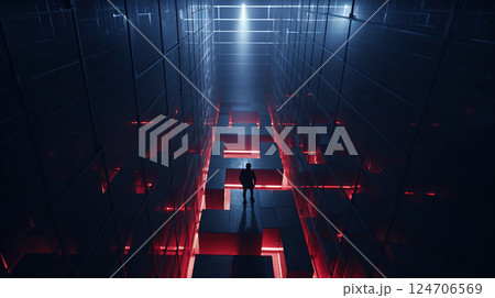 Alien base interior with laser labyrinth in 80s sci-fi action style. Generated AI. 124706569