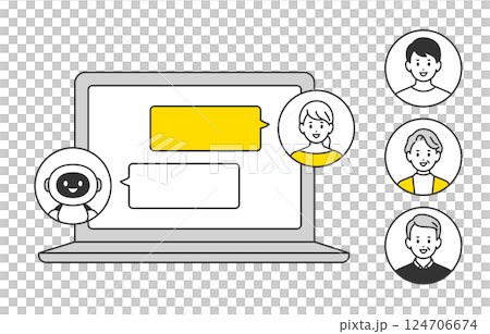 一位年輕女子在電腦上與人工智慧聊天（替換圖示集）[人物向量插圖素材] 124706674