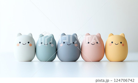 色とりどりに並んだ可愛い猫耳のキャラクターの3Dイラスト 124706742