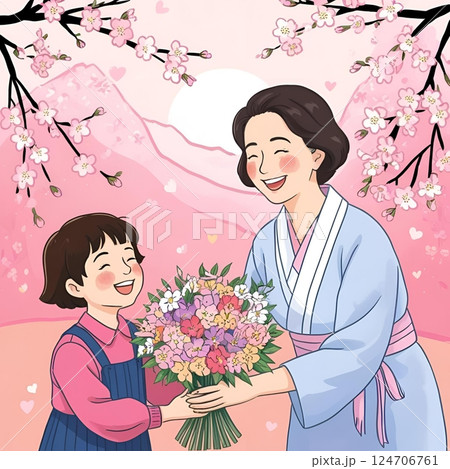 桜の木の下で記念撮影をする親子 124706761