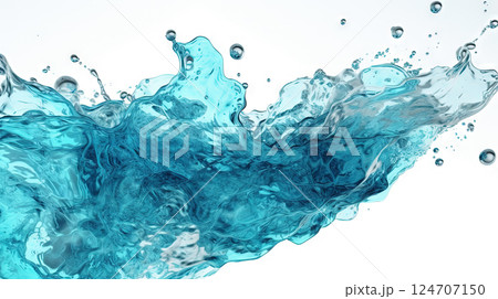 Blue water splash on white background. Liquid drips scattered. Generated AI. 124707150