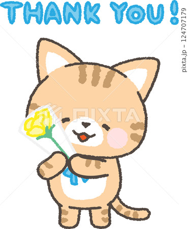 黄色いバラの花束を持つ茶トラネコ 124707179
