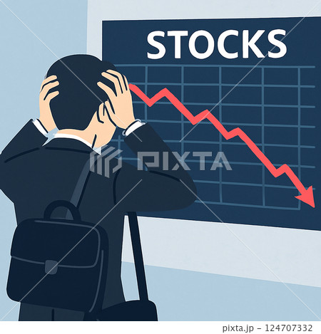 株価急落にショックを受ける男性の後ろ姿のイラスト 124707332
