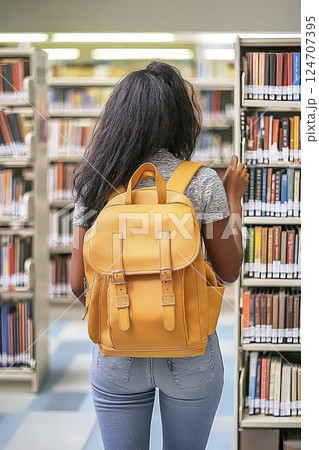 Back view of a female student with backpack in a library. A young woman in a backpack stands thoughtfully in the library, ready to immerse herself in study. 124707395