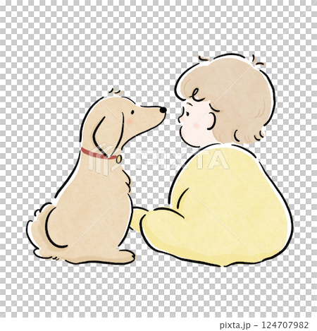 Small dog and baby friendly back view watercolor yellow Small dog and baby friendly back view watercolor yellow 124707982