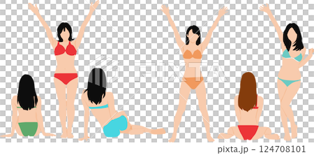 ポーズをとる水着を着た女性のイラストセット ポーズをとる水着を着た女性のイラストセット 124708101
