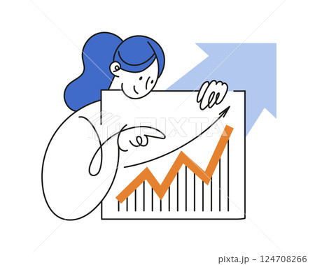 Business growth and development concept, businesswoman holding growing chart with up arrows, student girl with presentation, minimalistic vector line illustration. Business growth and development concept, businesswoman holding growing chart with up arrows, student girl with presentation, minimalistic vector line illustration. 124708266