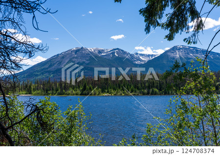 Summer scenic view of Cabin Lake, Jasper National Park, Alberta, Canada. 124708374