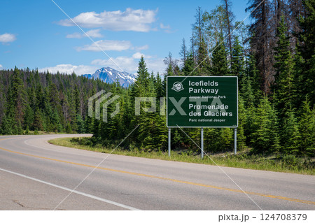 Jasper, Alberta, Canada. Icefields Parkway (Alberta Highway 93), Jasper National Park Scenic Drive. Canadian Rockies summer landscape in the background. 124708379