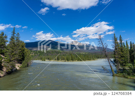 Jasper National Park summer landscape. Miette River before its confluence with the Athabasca River. Alberta, Canada. Canadian Rockies. 124708384