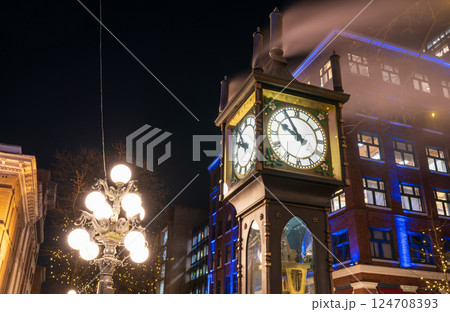 Close-up Gastown Steam Clock. Vancouver downtown beautiful street view at night. British Columbia, Canada. 124708393