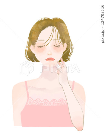 肌に手を添えて目をつぶる女性の美容イラスト スキンケア 肌に手を添えて目をつぶる女性の美容イラスト スキンケア 124708516