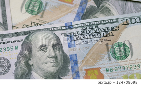 A CloseUp Photograph of U.S. Dollar Bills Representing Economic Prosperity and Finance Services A CloseUp Photograph of U.S. Dollar Bills Representing Economic Prosperity and Finance Services 124708698