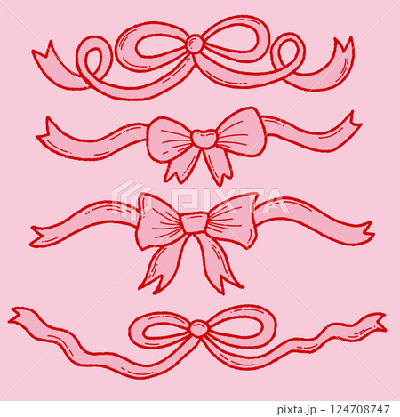 Hand drawn coquette set. Vintage cute symbols with ribbon and bow in simple crayon and sketch style. Trendy art for menu and banner for holidays. Doodle outline vector illustration 124708747