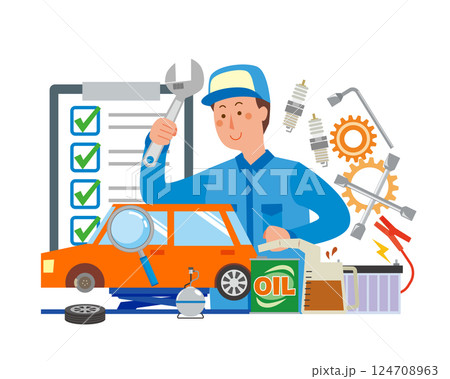 車のメンテナンスをする男性作業員 124708963