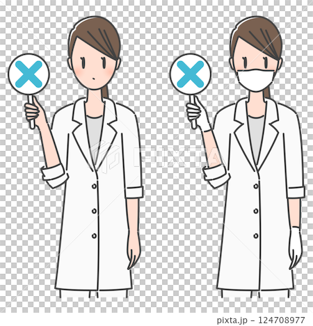Illustration material: Quiz with ×, cross, wrong answer, sorry! Female doctor/dentist in white coat (bare face/mask) Illustration material: Quiz with ×, cross, wrong answer, sorry! Female doctor/dentist in white coat (bare face/mask) 124708977