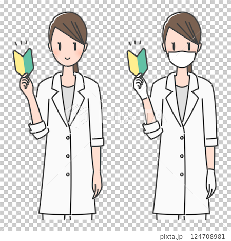 イラスト素材：初心者マークの臨床実習生・研修医、女性医師・女性歯科医師（素顔・マスク） 124708981