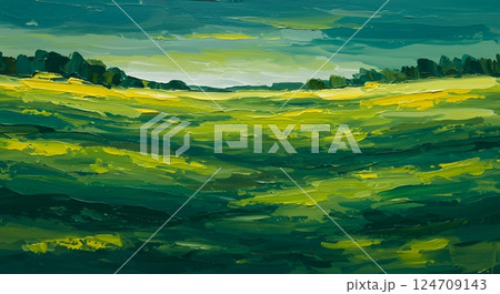 緑と黄色の濃淡の鮮やかな風景の抽象画 124709143