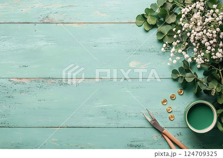 elegant flatlay featuring mint green wooden background elegant flatlay featuring mint green wooden background 124709325