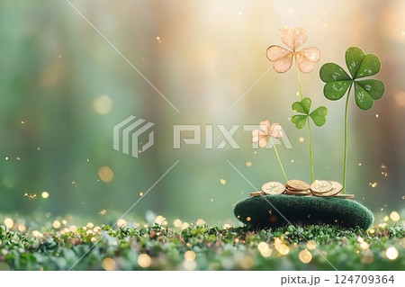magical st. patrick's day scene. four-leaf clovers & gold coins on a mossy surface. 124709364
