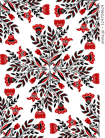 Vector Slavic seamless pattern with floral kaleidoscope in traditional style on white background. Folk art texture with black and red wildflowers Vector Slavic seamless pattern with floral kaleidoscope in traditional style on white background. Folk art texture with black and red wildflowers 124709624