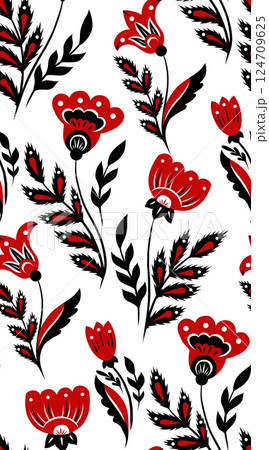 Vector Slavic seamless pattern with flowers in traditional style on white background. Folk art texture with black and red blooming wildflowers 124709625