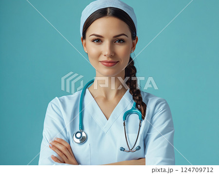 Portrait of woman doctor with white coat standing in hospital. Medical worker represents the healthcare and medical industry. AI Generated. Portrait of woman doctor with white coat standing in hospital. Medical worker represents the healthcare and medical industry. AI Generated. 124709712