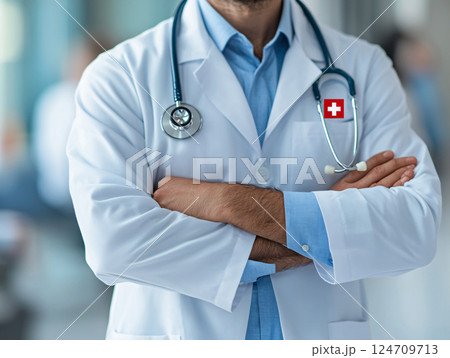 Doctor and equipment in hospital background. healthcare and medical industry. AI Generated. 124709713