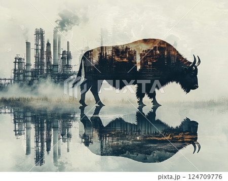 double exposure effect of Buffalo walking and Industrial plant. Pollution from factories causes global warming. AI Generated. 124709776