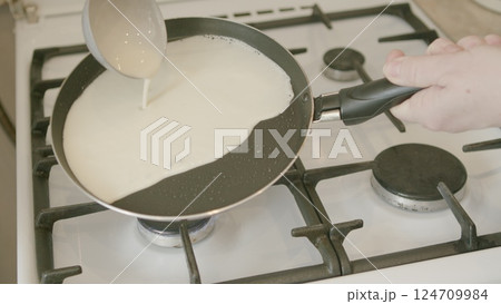 This Nonstick Frying Pan is perfectly positioned on the Gas Stove and is all set for Cooking This Nonstick Frying Pan is perfectly positioned on the Gas Stove and is all set for Cooking 124709984