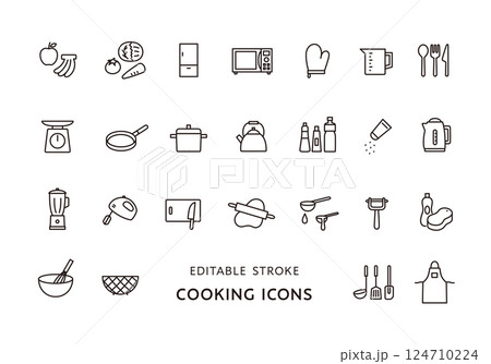 料理・キッチン用品にまつわるアイコンセット（モノクロ） 124710224