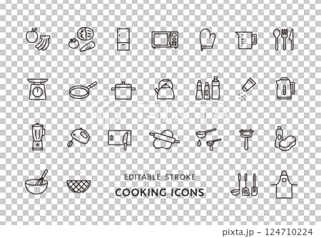 料理・キッチン用品にまつわるアイコンセット（モノクロ） 124710224