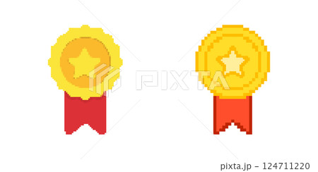 Retro Medal And Award Pixelated Icon Set. Pixel Art Symbol Collection Of Gold Medals And Stars In Pixel Design. Isolated Vector Illustration Retro Medal And Award Pixelated Icon Set. Pixel Art Symbol Collection Of Gold Medals And Stars In Pixel Design. Isolated Vector Illustration 124711220