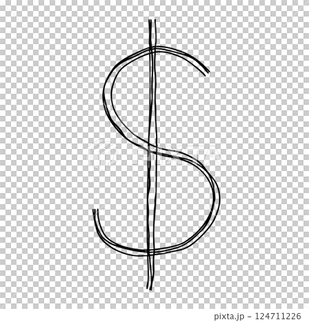 $ 符號手繪線圖示帶有多個重疊線的單色向量插圖 124711226