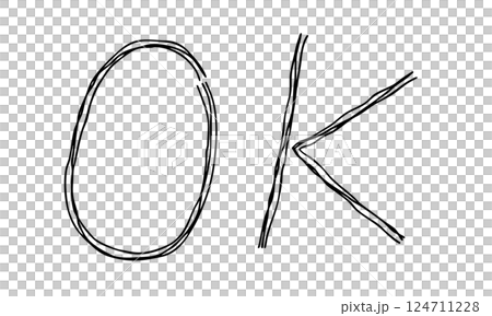 手繪字母 OK 的線條圖示。具有多條重疊線的單色向量插圖。 124711228