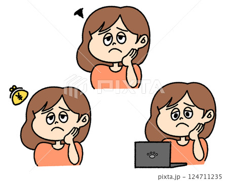 困り果てた女性のイラストセット 困り果てた女性のイラストセット 124711235